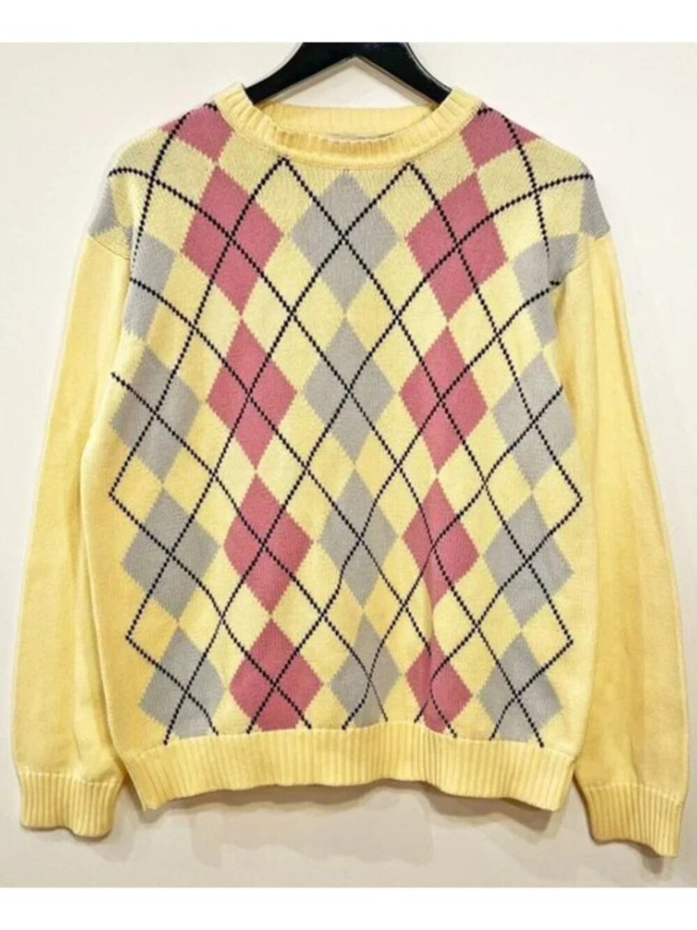 Vintage 100% Cotton Argyle Sweater Geoffrey Beene Yellow Medium EUC